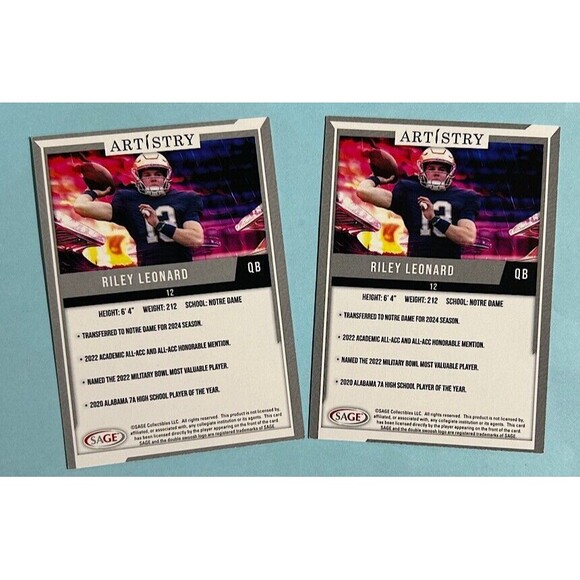 Riley Leonard-2024 SAGE Next Level #95 Blue & SilverNotre Dame QB & FREE ND pin - Picture 2 of 3